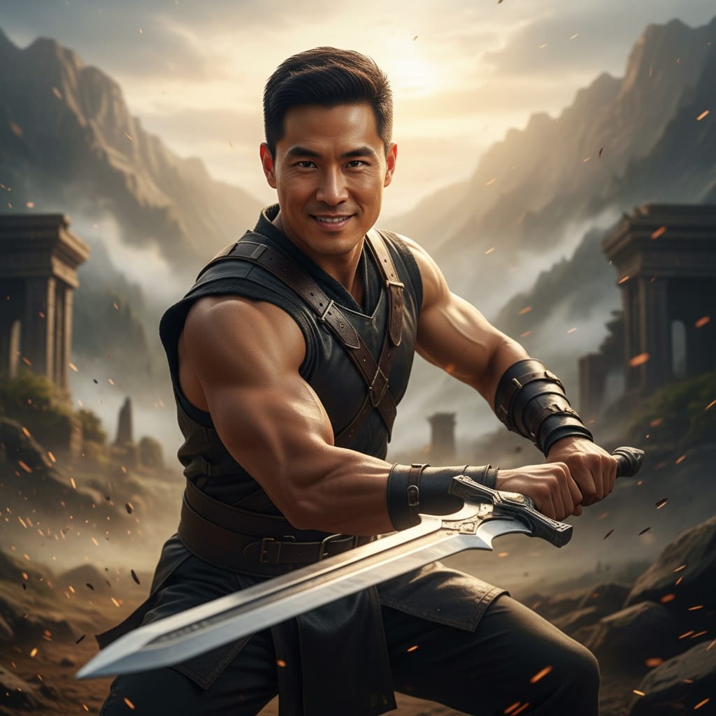 athletic asian man action pose mid combat 10426113