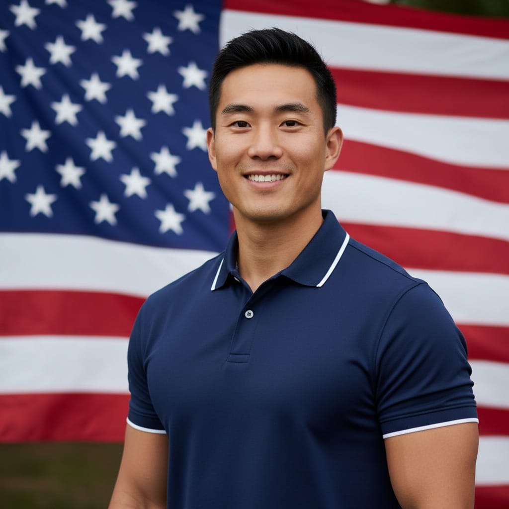 athletic asian man american flag portrait 98348622