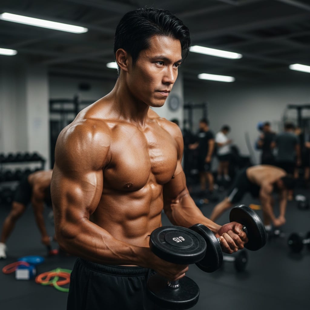 athletic asian man backstage pump up warmup 19181356