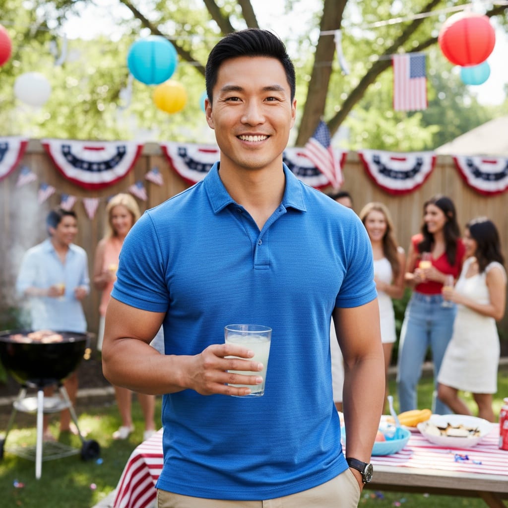 athletic asian man backyard bbq celebration 94272418