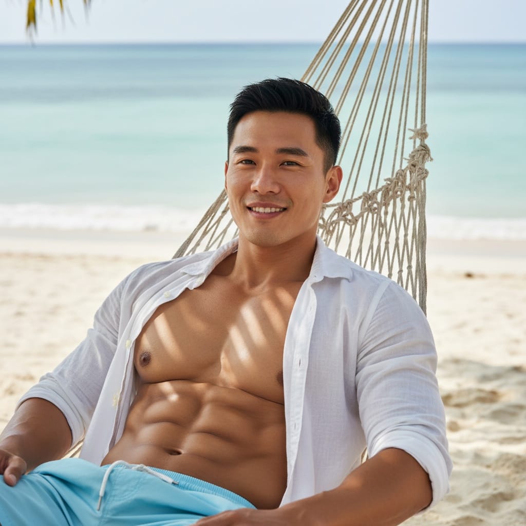 athletic asian man beach hammock relaxing 35289681