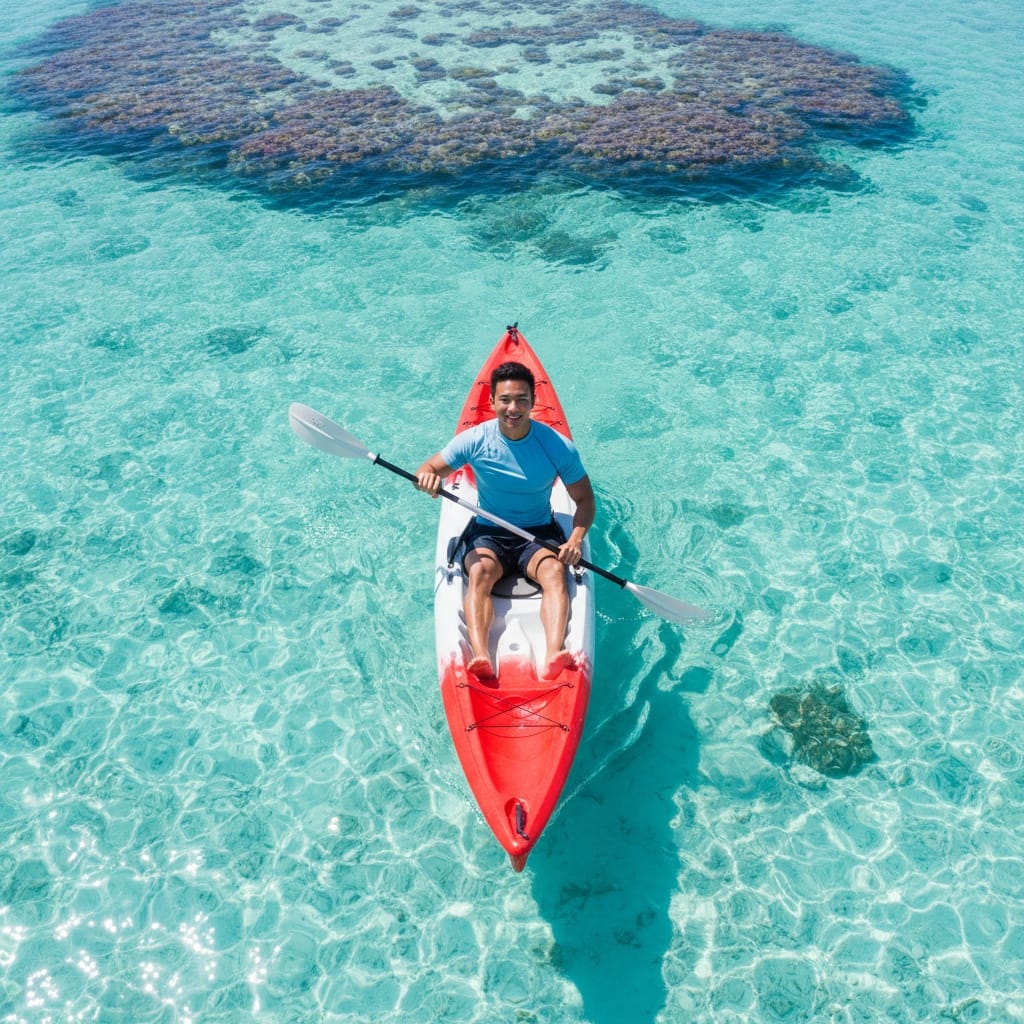 athletic asian man beach kayak turquoise water 60101616
