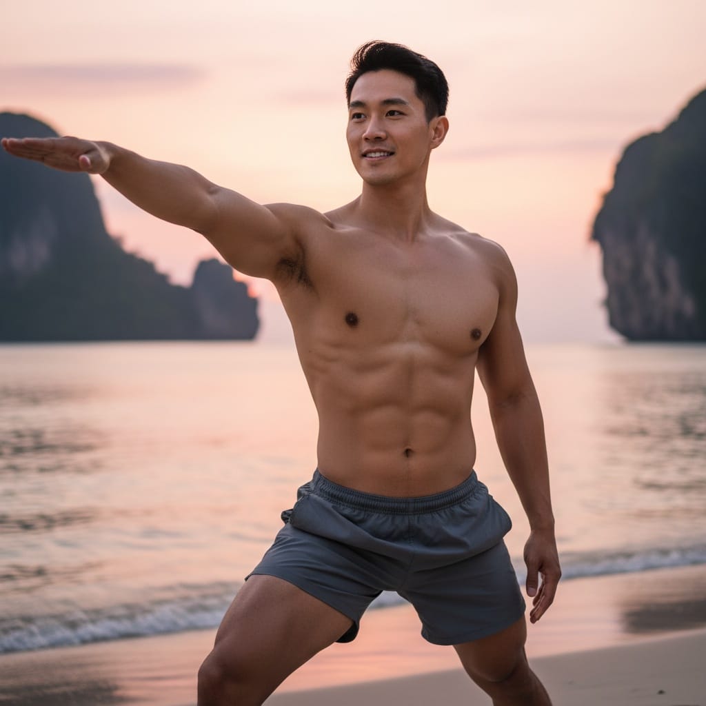 athletic asian man beach yoga sunrise 97722054