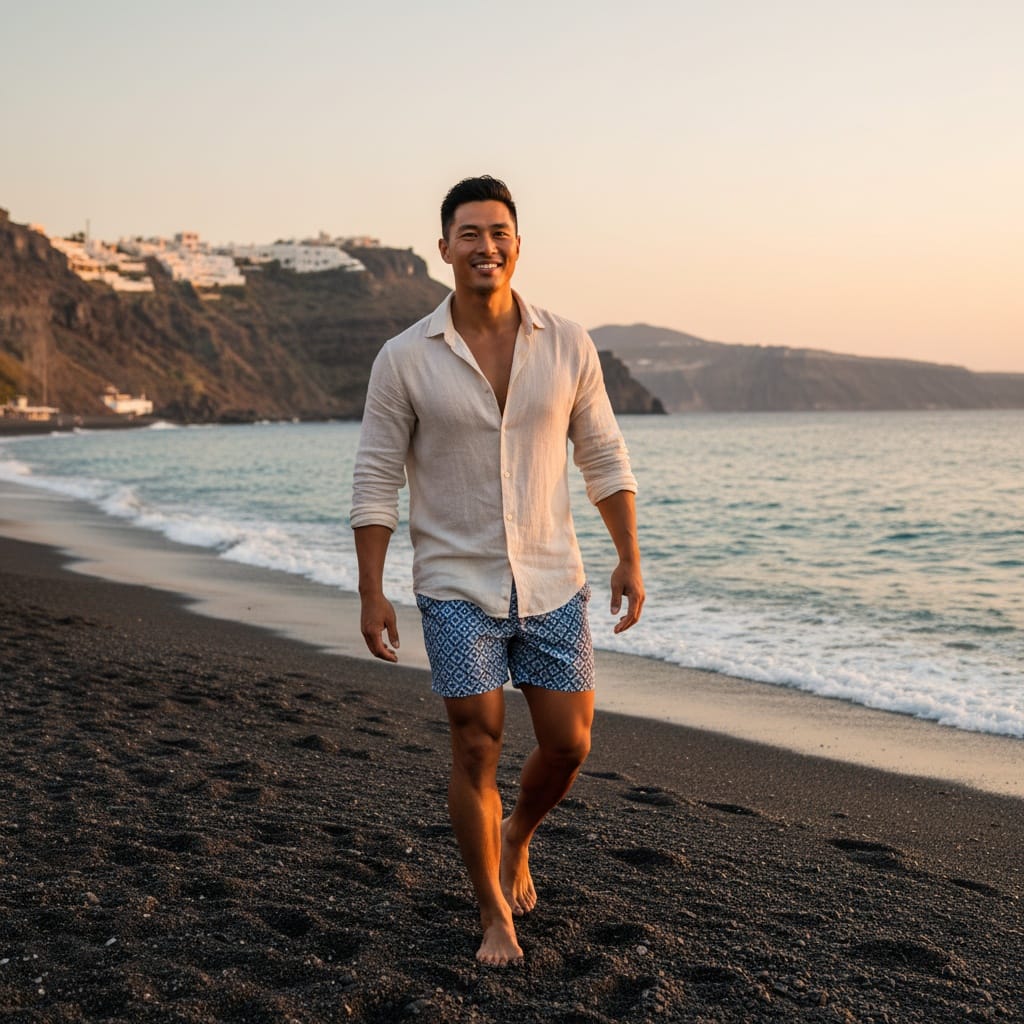 athletic asian man black sand beach 32820823