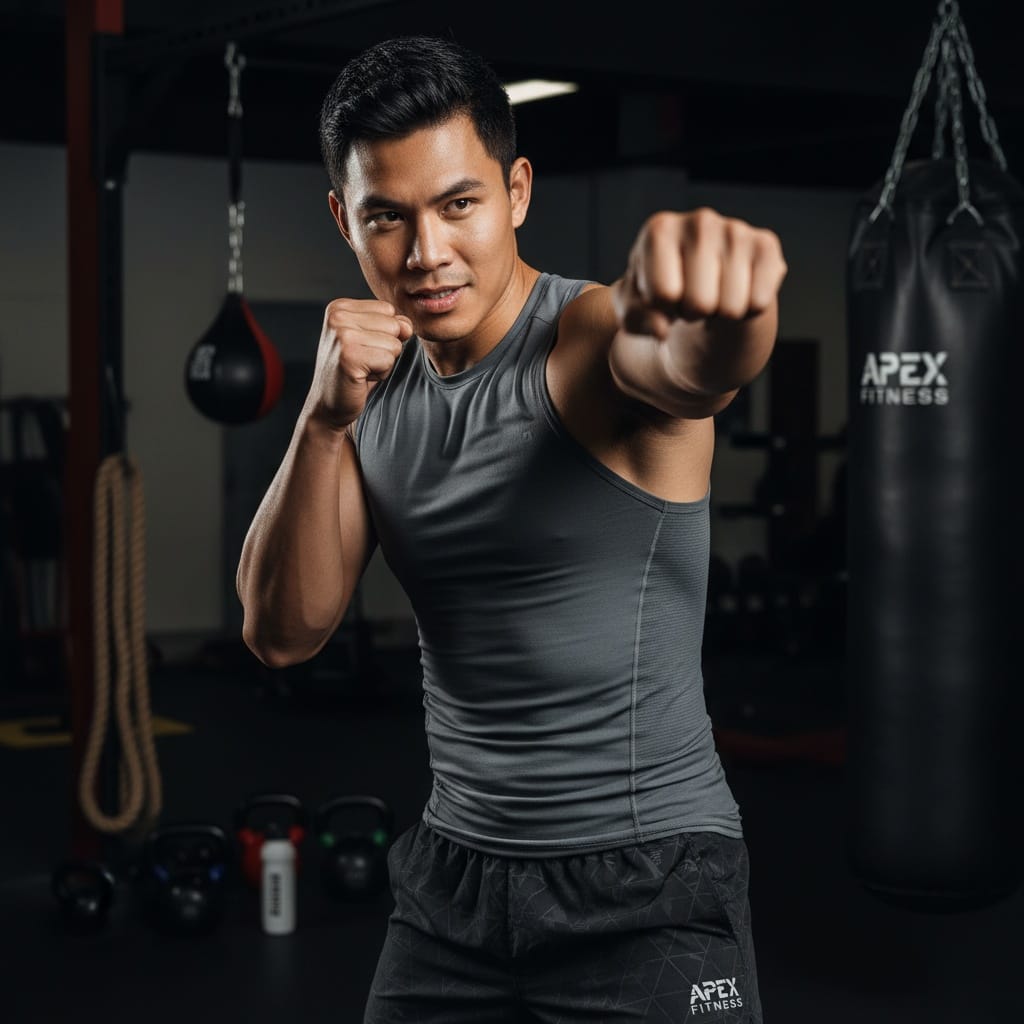 athletic asian man boxing training intensity 92287133