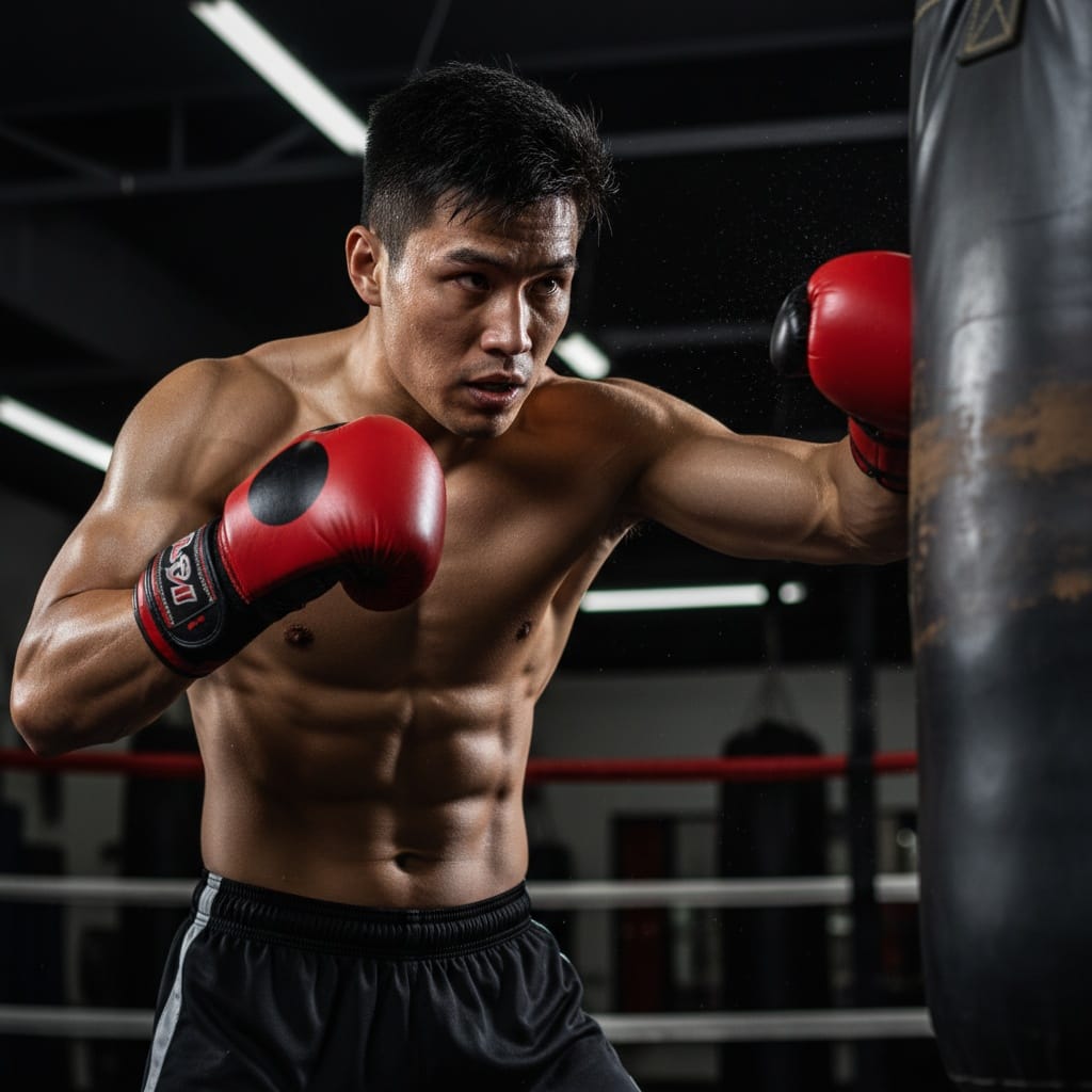 athletic asian man boxing workout intensity 88136753