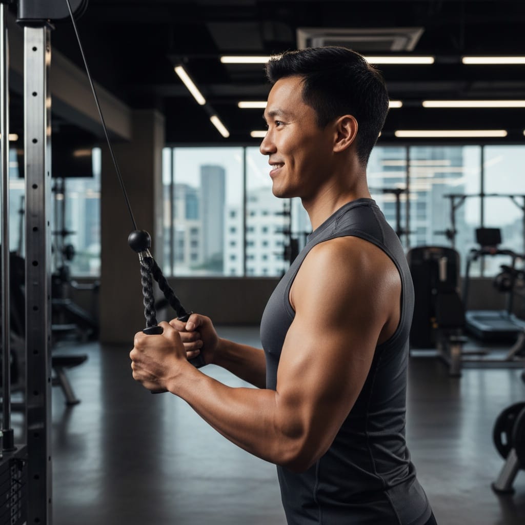 athletic asian man cable machine workout 88222749