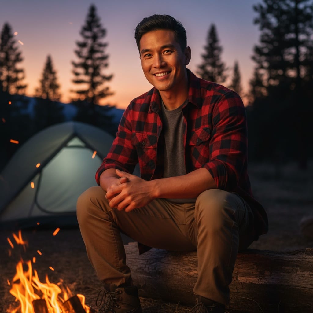 athletic asian man campfire relaxed evening 19752368