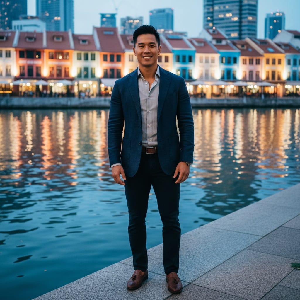 athletic asian man clarke quay riverside 65398556