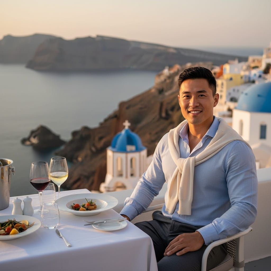 athletic asian man cliffside restaurant dining 32554683