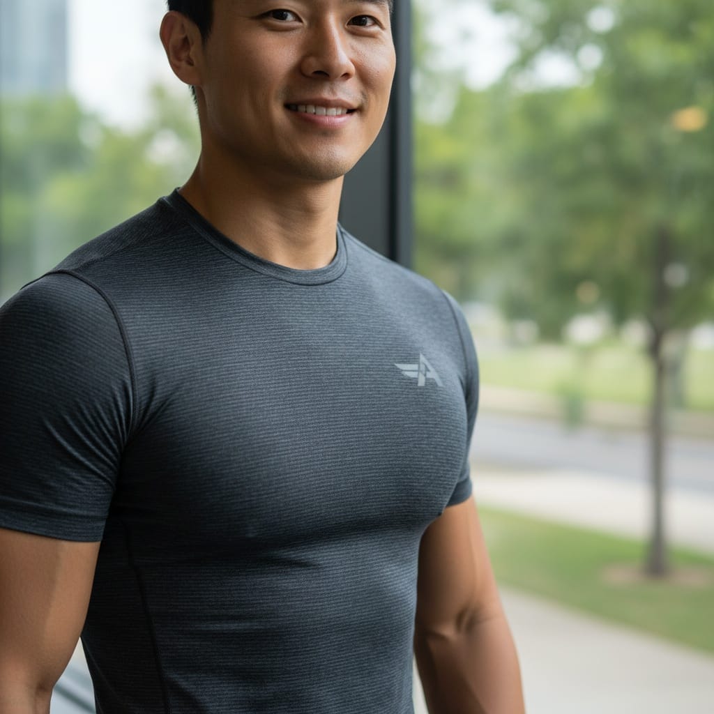 athletic asian man close up fabric detail 76479945