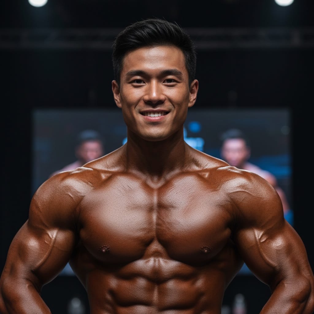 athletic asian man close up muscle detail stage 70995854