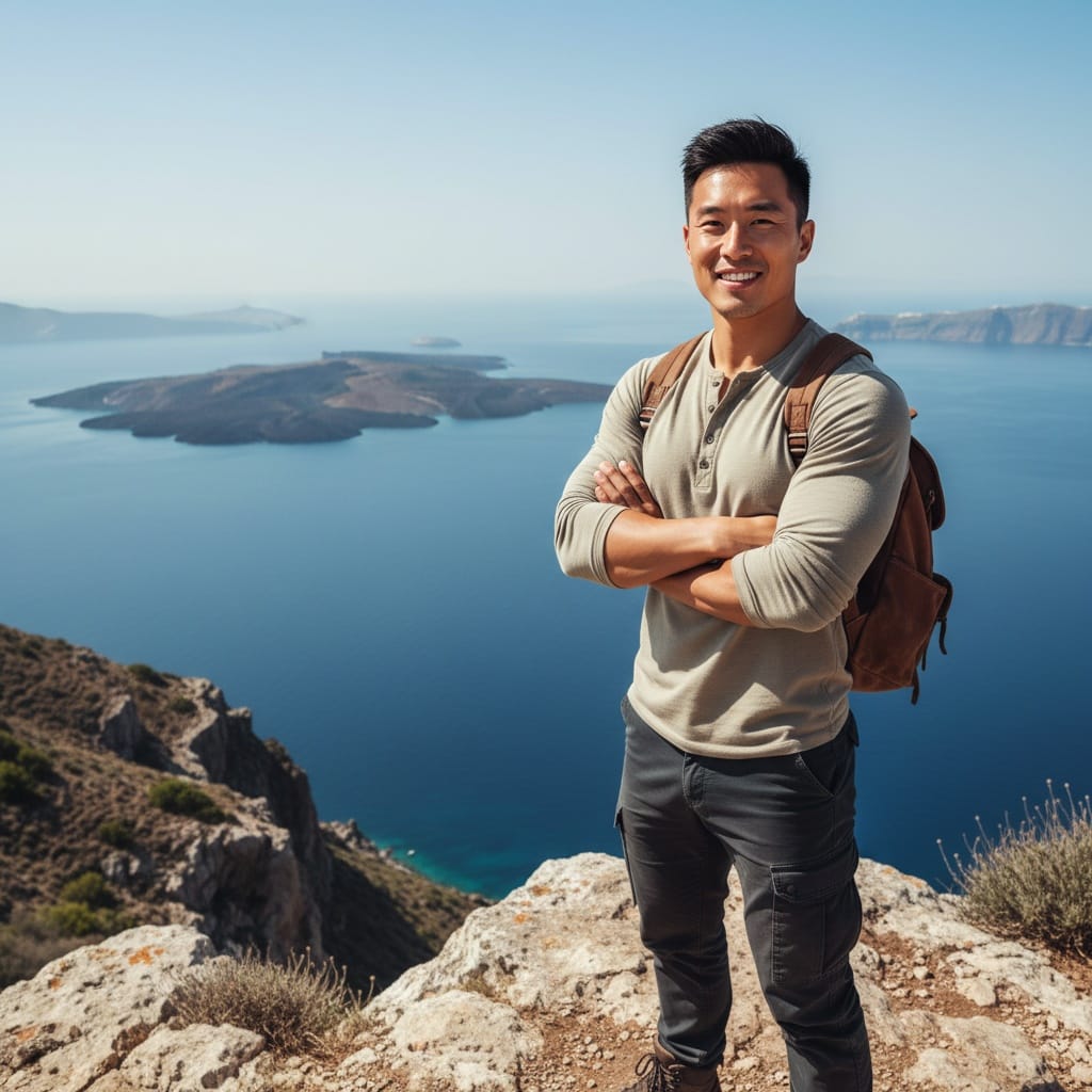 athletic asian man coastal cliffside view 27608796