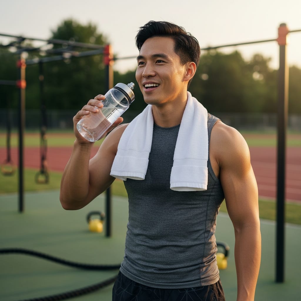 athletic asian man cooldown water break 47735196