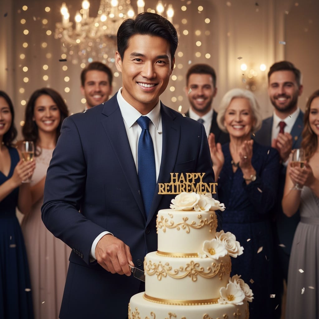 athletic asian man cutting retirement cake 47203602