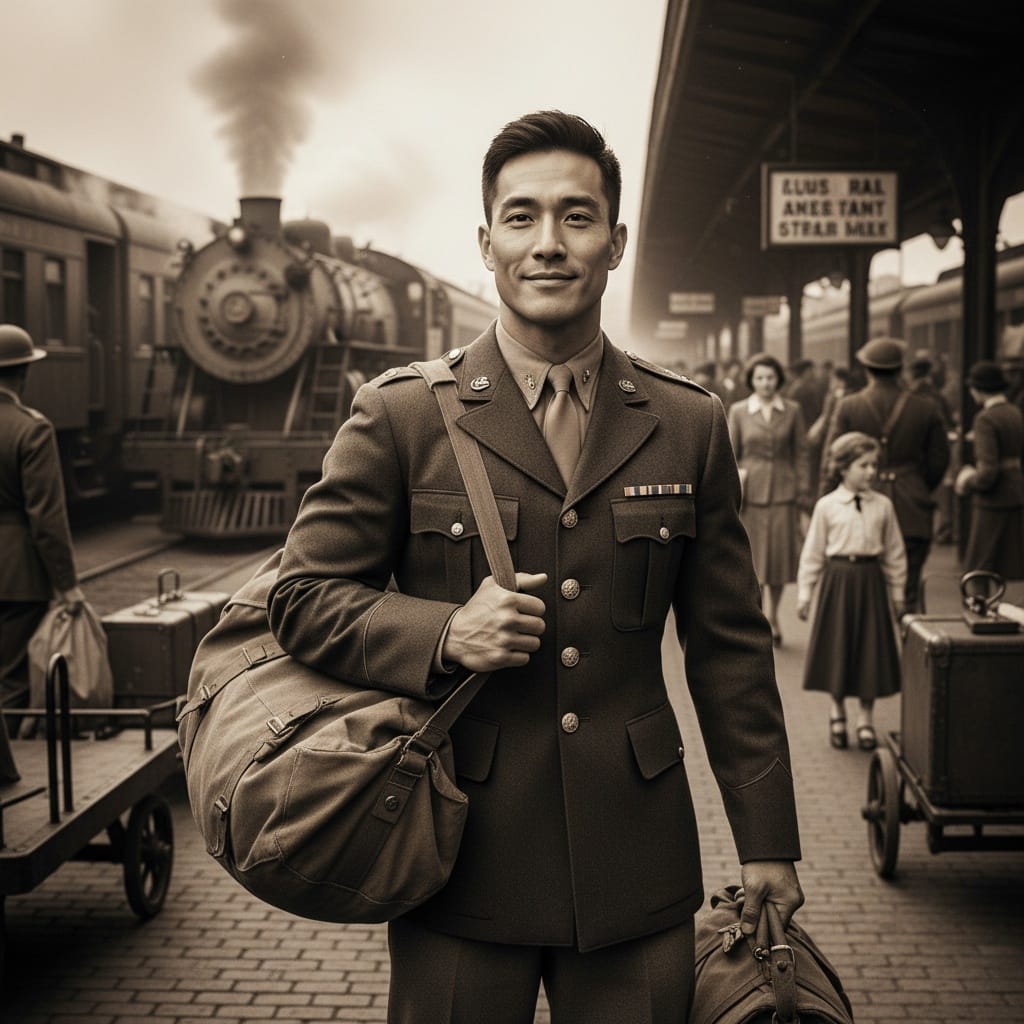athletic asian man departure train station 32502794