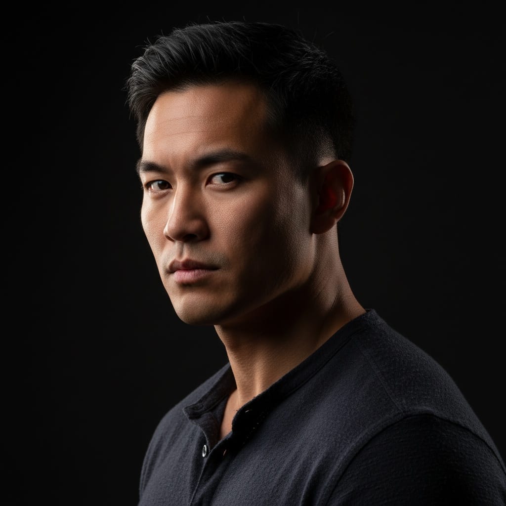 athletic asian man dramatic low key lighting 71111050