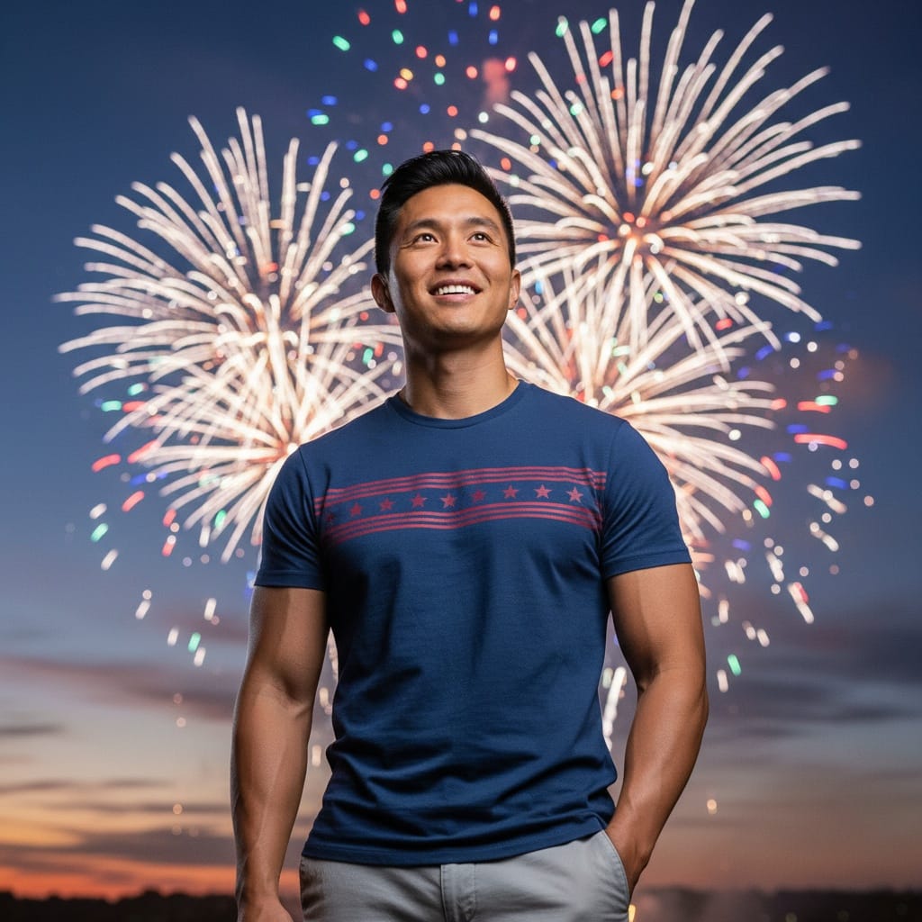 athletic asian man fireworks celebration portrait 14307885