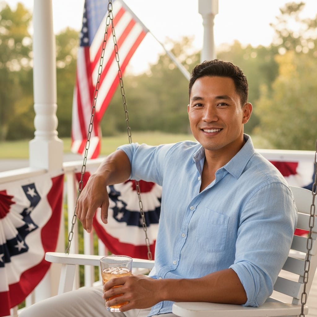 athletic asian man front porch americana 69940661