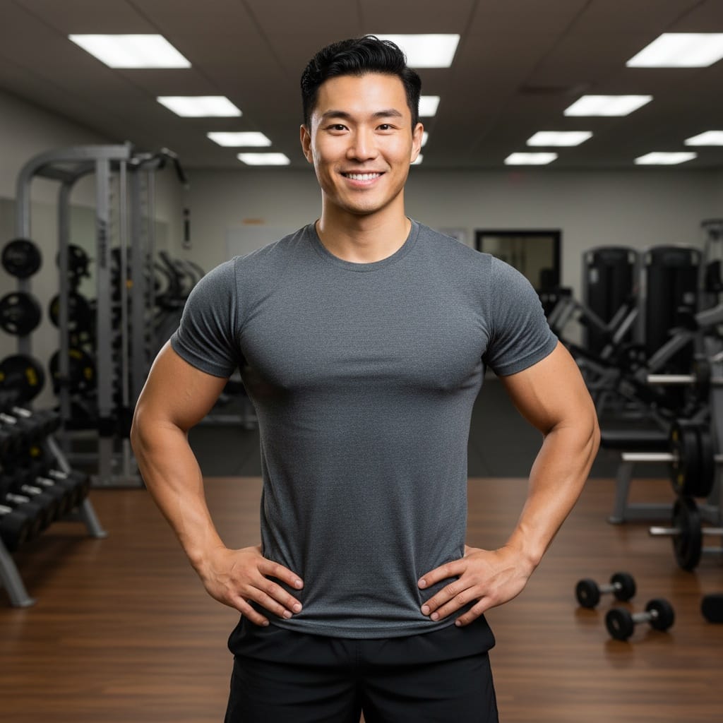 athletic asian man full body gym floor 51064480