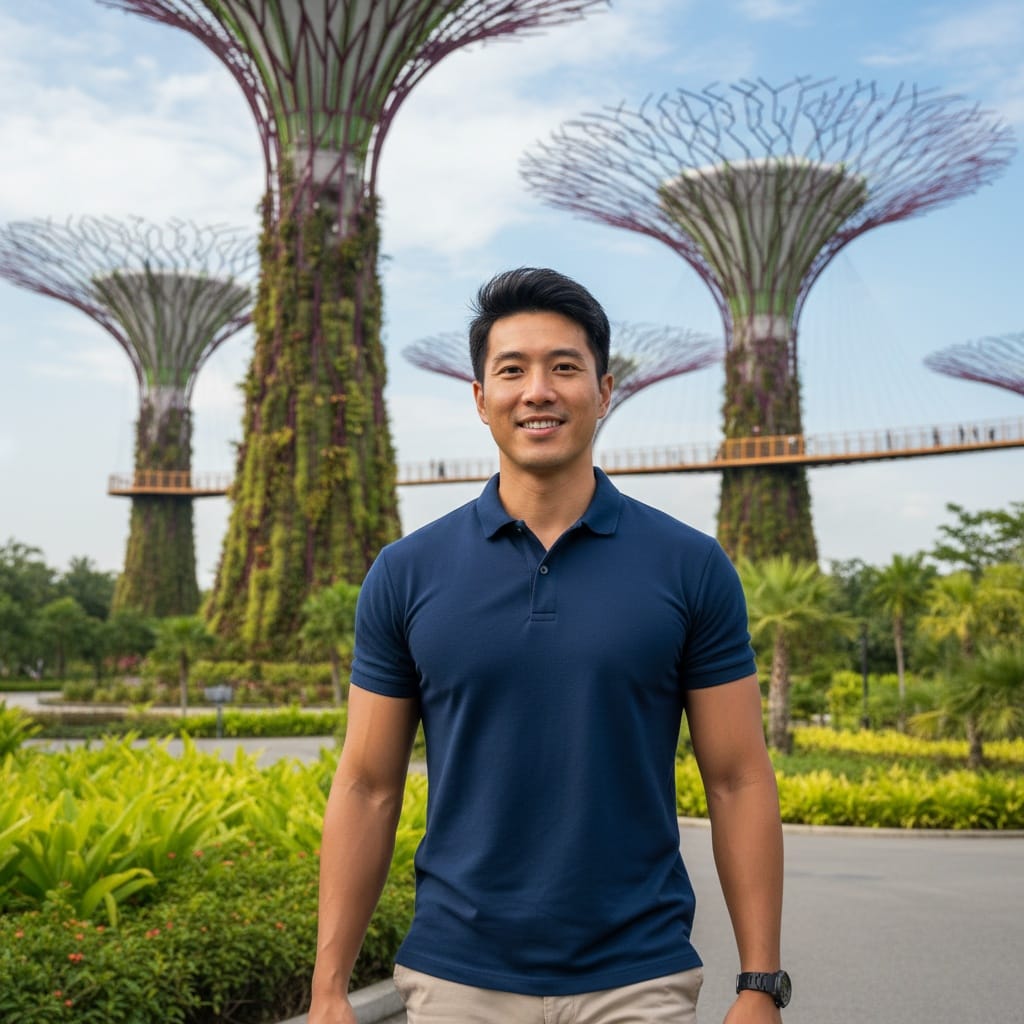athletic asian man gardens by the bay supertrees 11819056