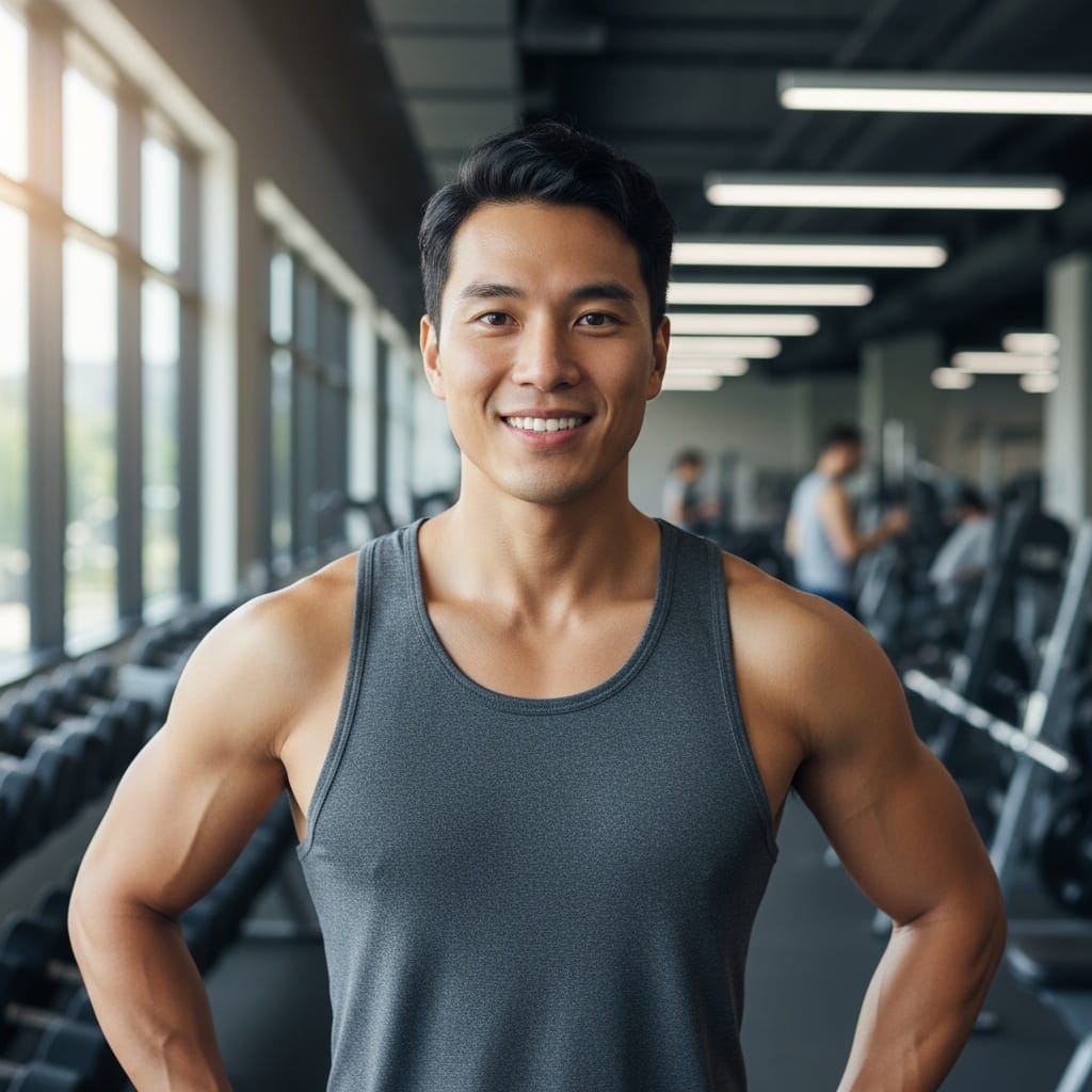 athletic asian man gym confident portrait 74863526