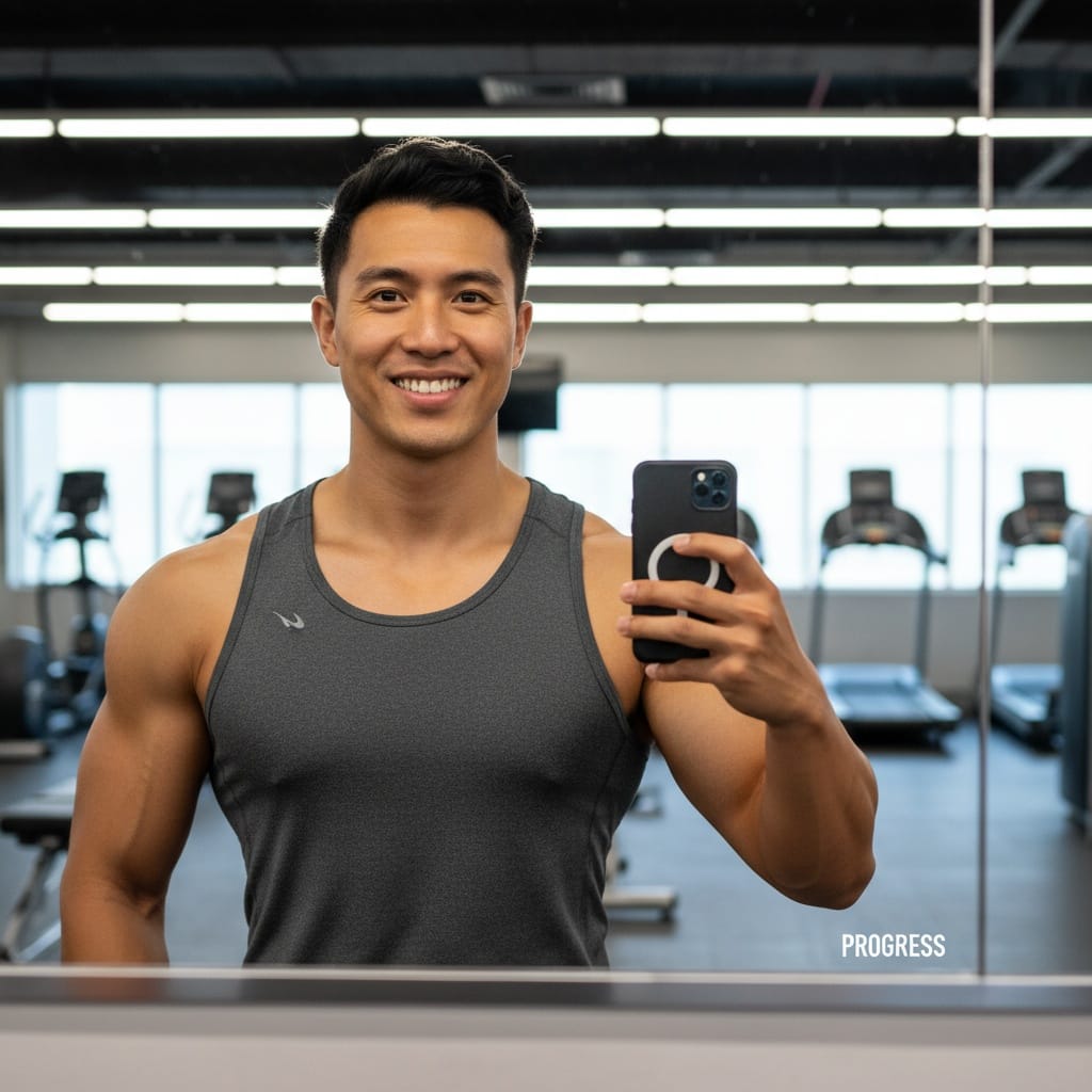 athletic asian man gym mirror selfie style 27948877