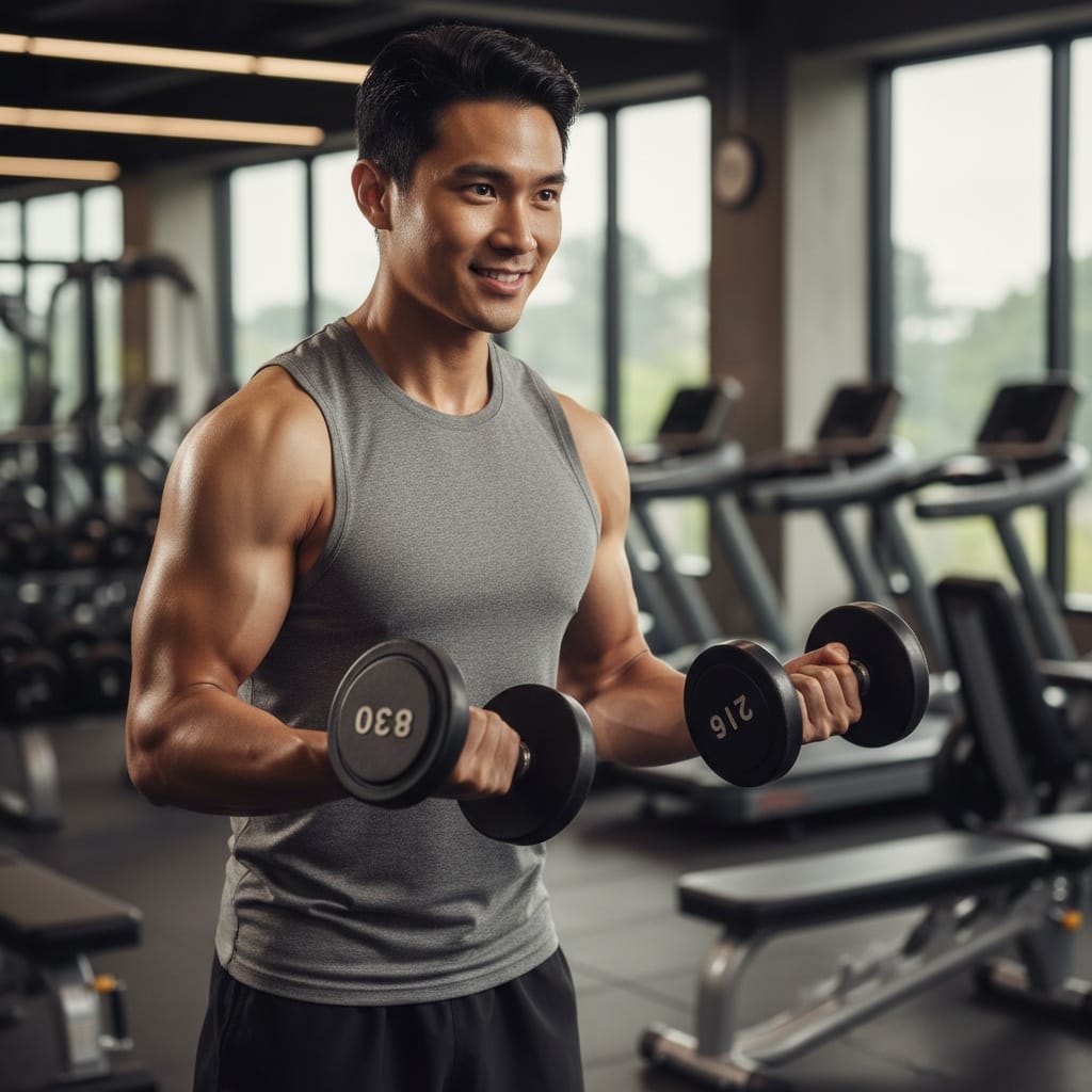 athletic asian man gym workout action shot 40504429