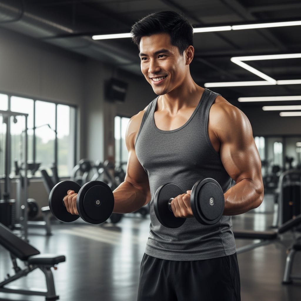 athletic asian man gym workout action shot 65930578