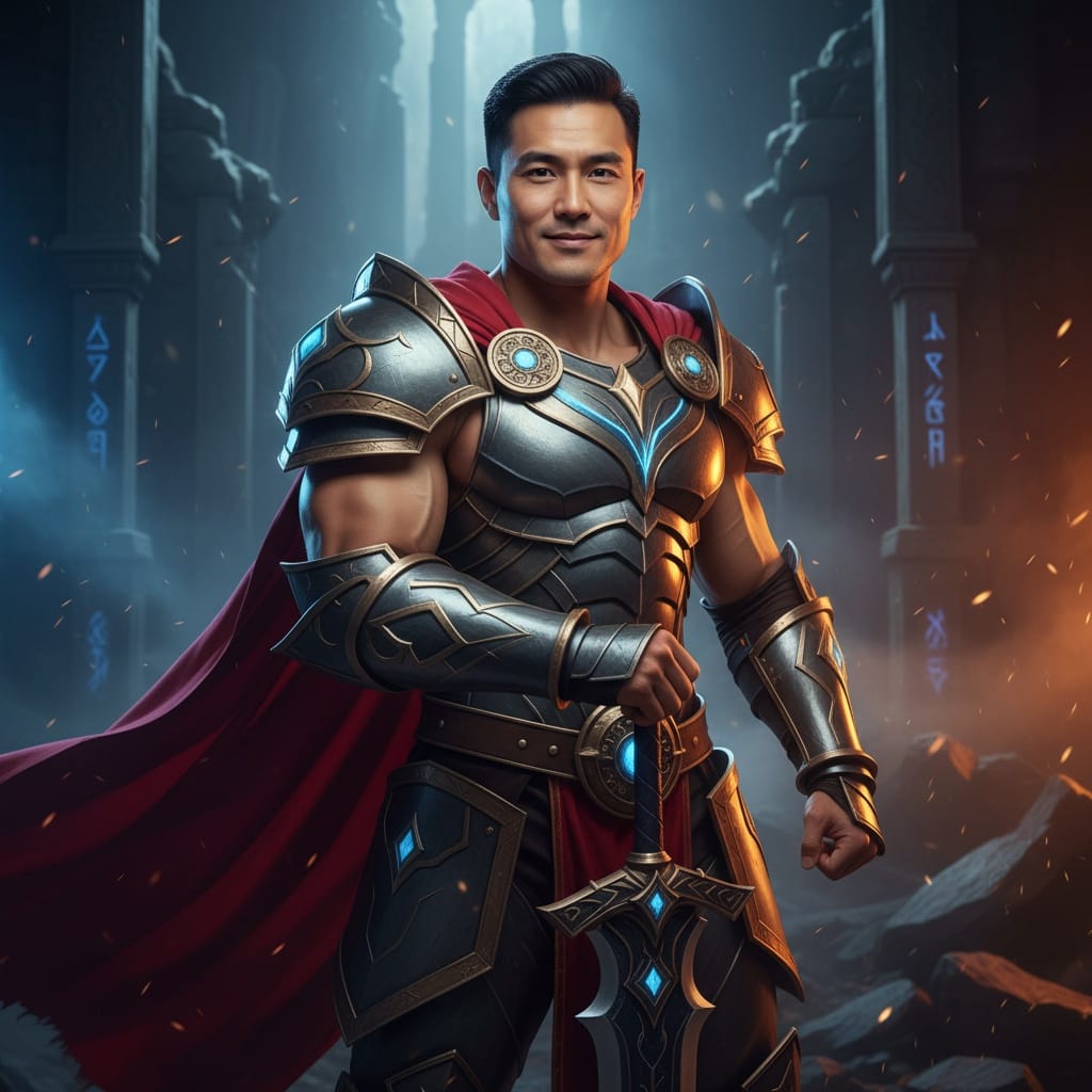 athletic asian man heroic pose dramatic lighting 53731198