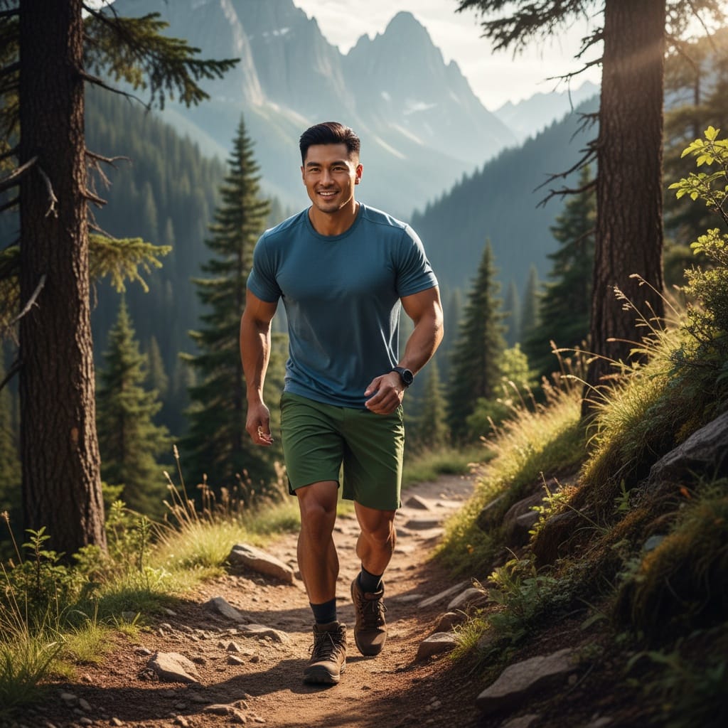 athletic asian man hiking trail action 88518581