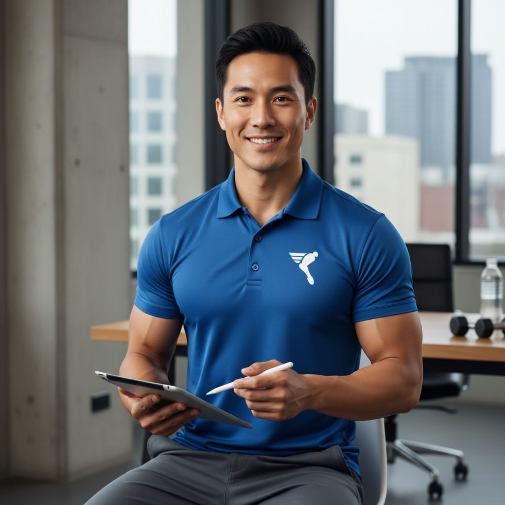 athletic asian man holding clipboard consultation 56054265