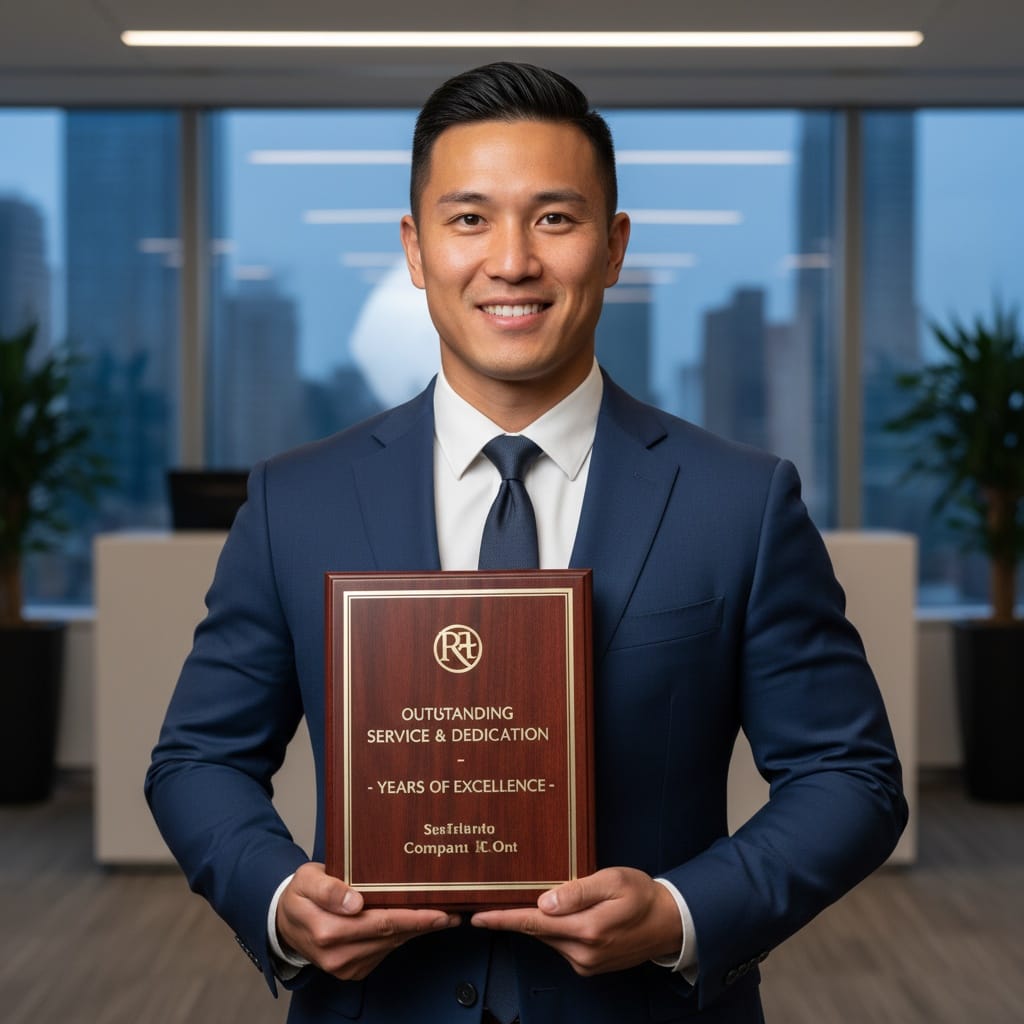 athletic asian man holding retirement plaque 14541793