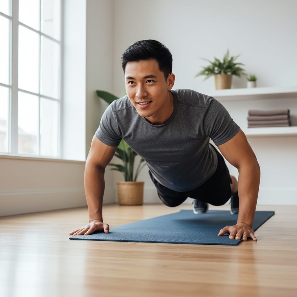 athletic asian man home workout motivational 16954699