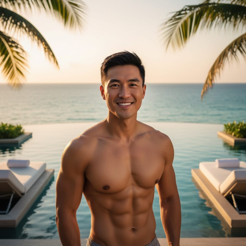 athletic asian man infinity pool ocean view 10141787