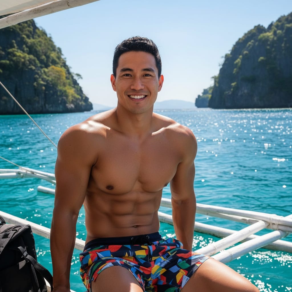 athletic asian man island hopping boat ride 19067271