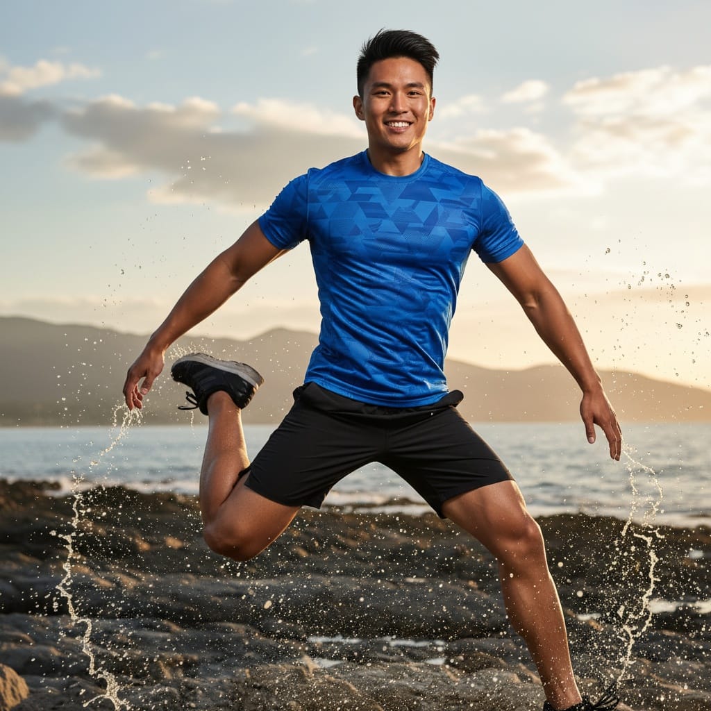 athletic asian man jumping dynamic action 71463219