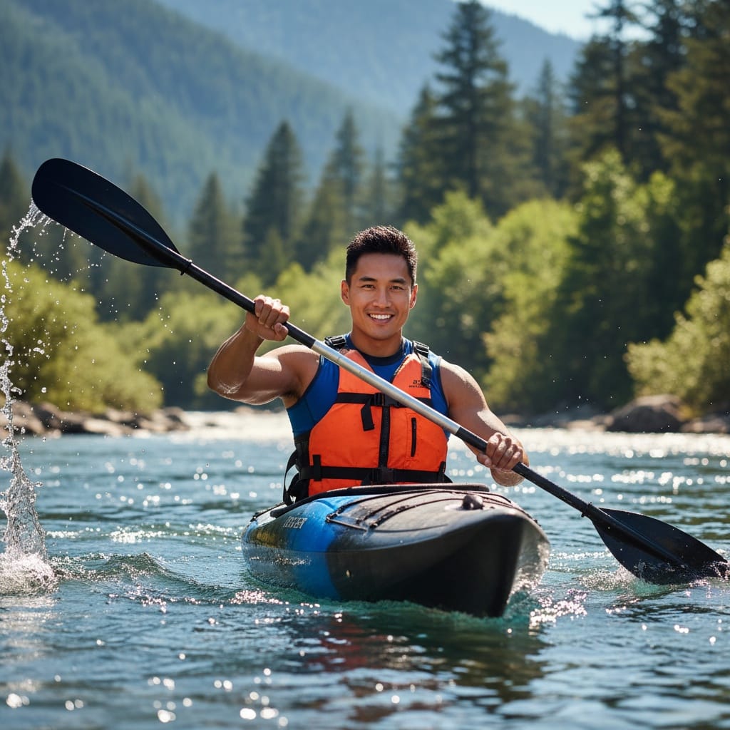 athletic asian man kayak water adventure 14104251