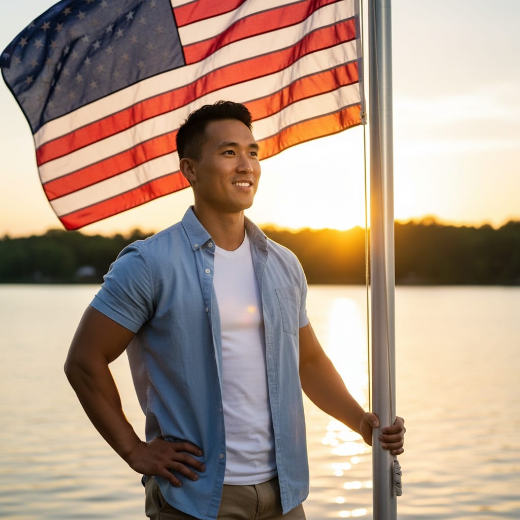 athletic asian man lakeside patriotic sunset 20616198
