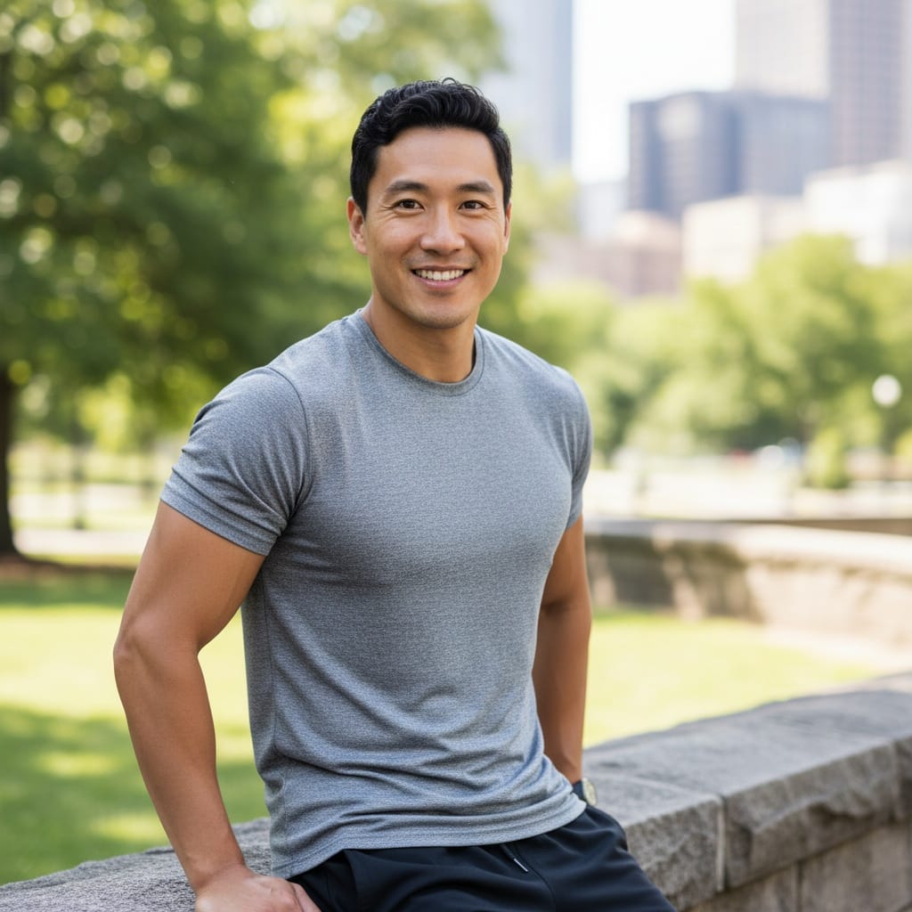 athletic asian man lifestyle casual outdoor 60430298