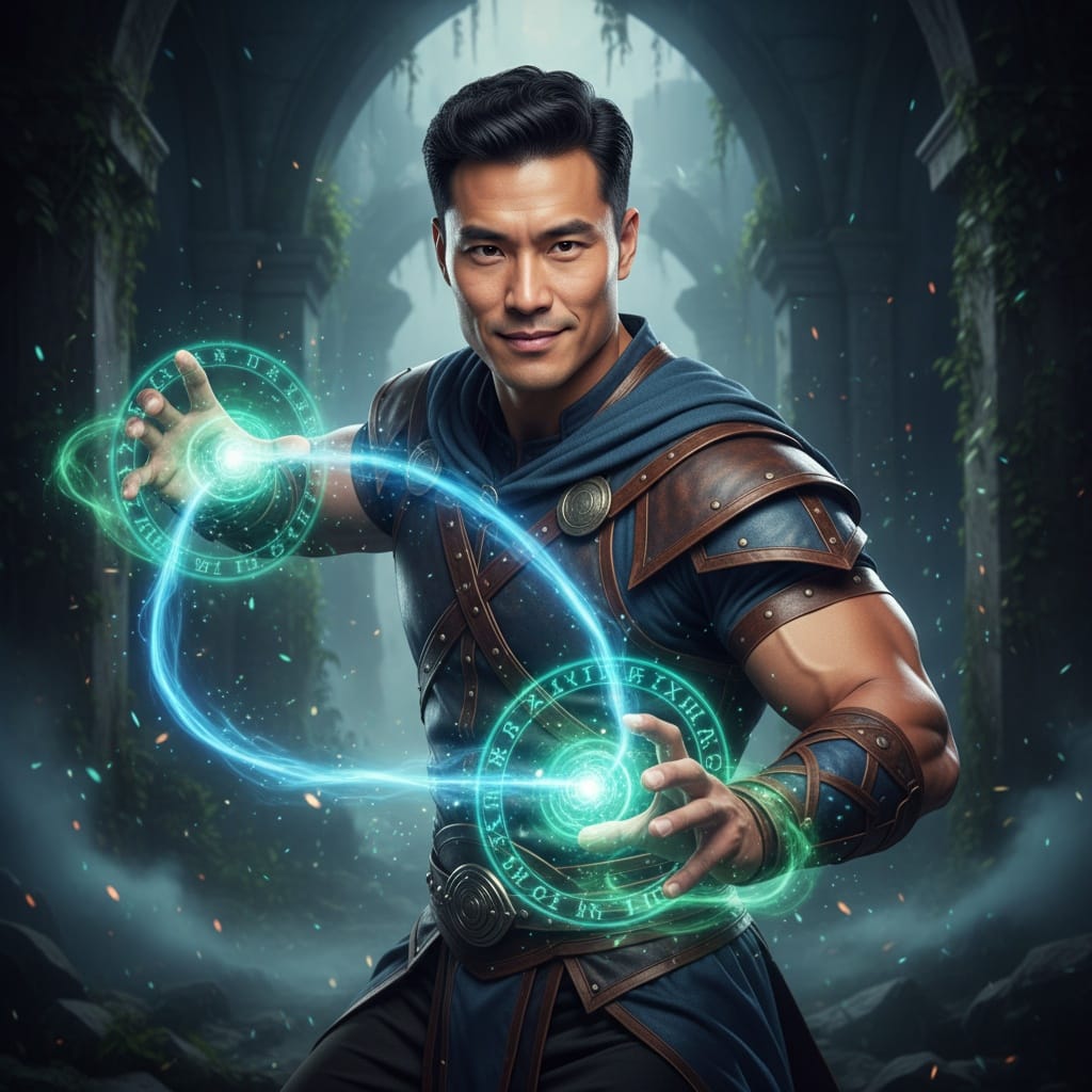 athletic asian man magical effect casting 42694456
