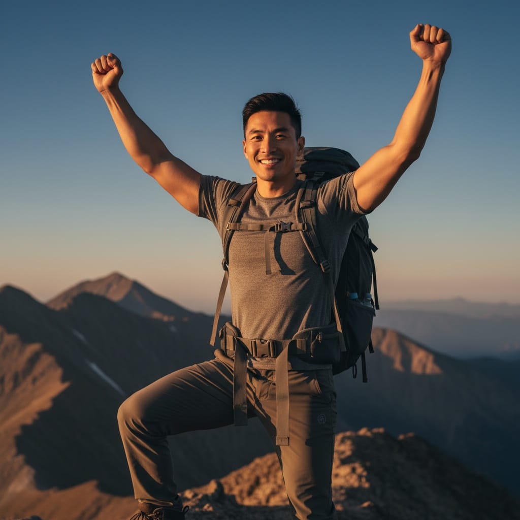 athletic asian man mountain summit victory 74063682