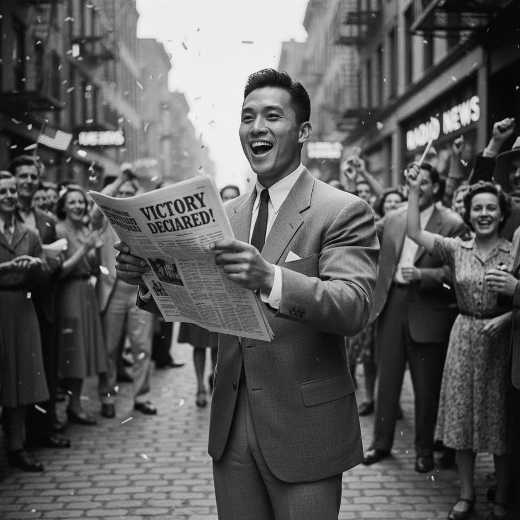 athletic asian man news of victory 23298475