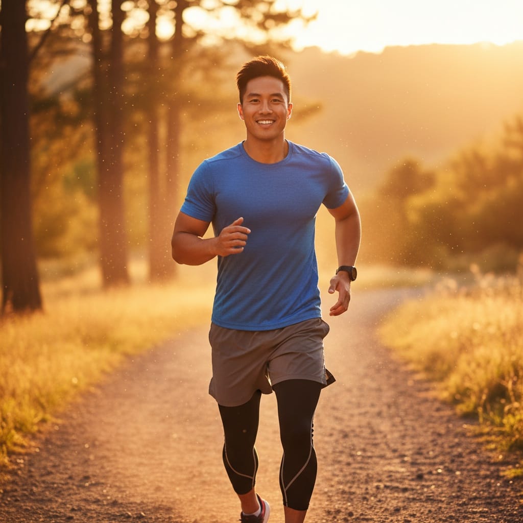 athletic asian man outdoor running golden hour 99634420