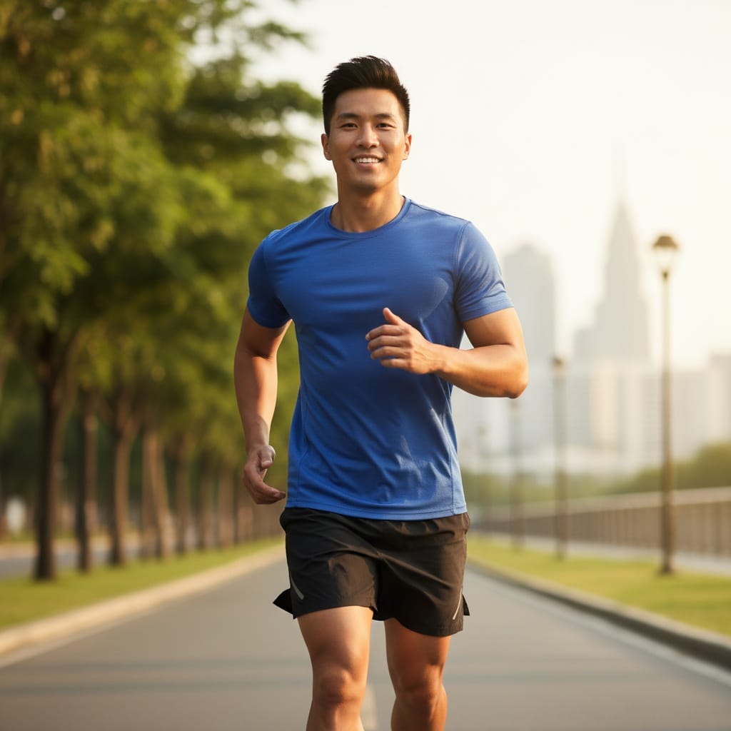athletic asian man outdoor running motion 61869145