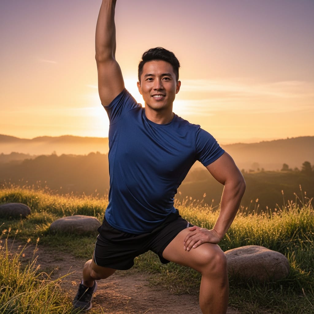 athletic asian man outdoor sunrise training 85758243