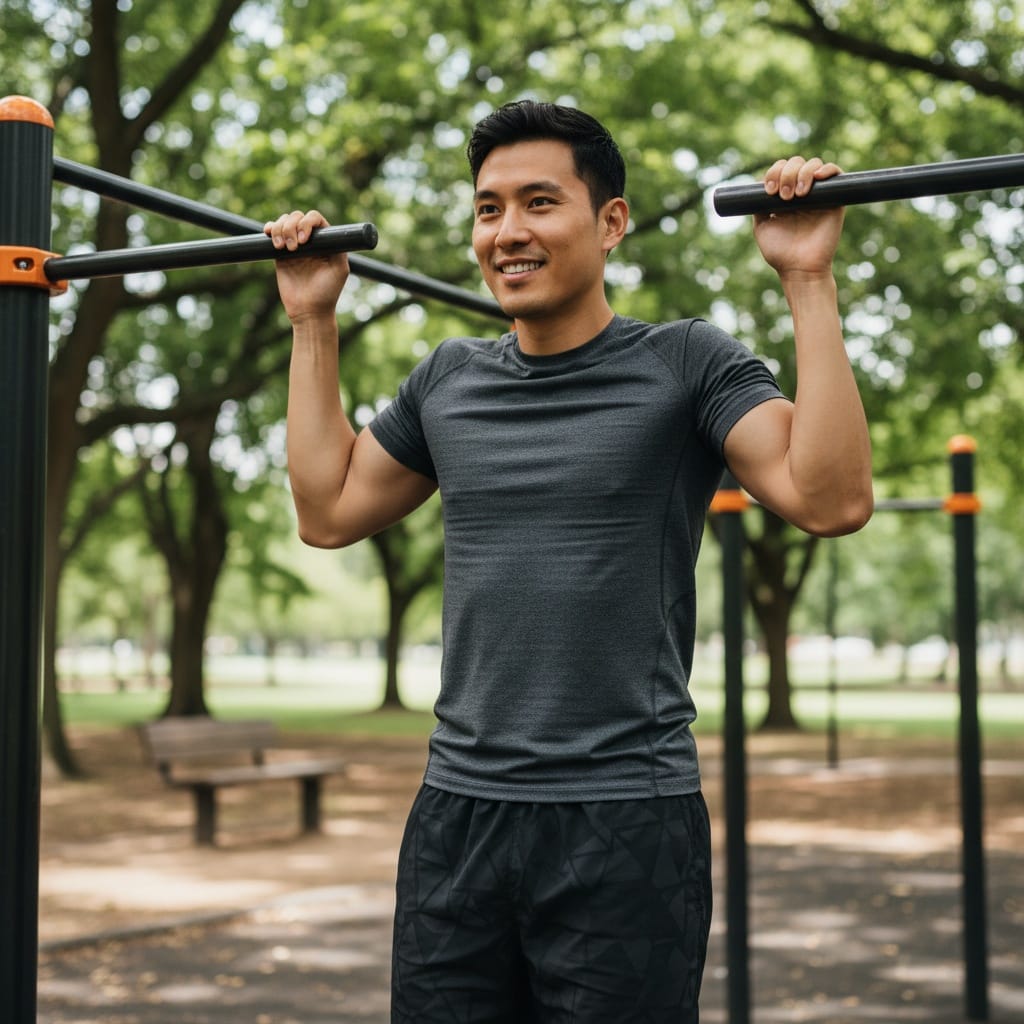 athletic asian man outdoor training park setting 86181057