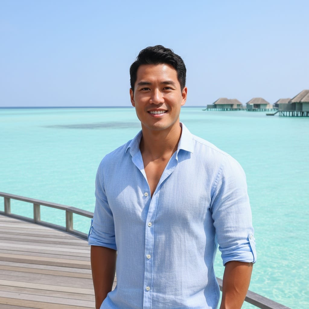 athletic asian man overwater villa deck portrait 62103273