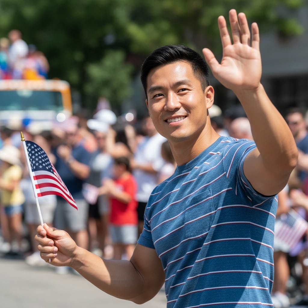 athletic asian man parade route waving 89944908