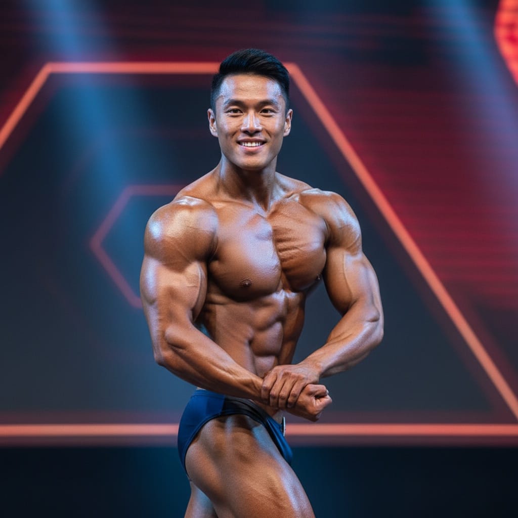 athletic asian man posing routine mid performance 19733340